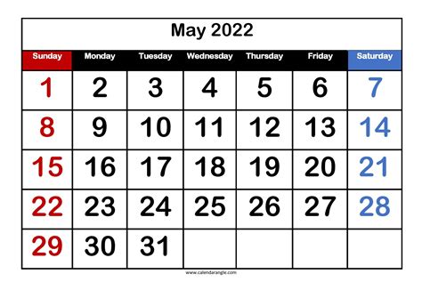 Printable May Calender 2022